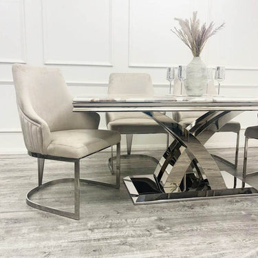Stylish Milan Dining Table - 1.8m Polished Marble or Glass Top with Elegant Stainless Steel Base - UK Luxury Furniture